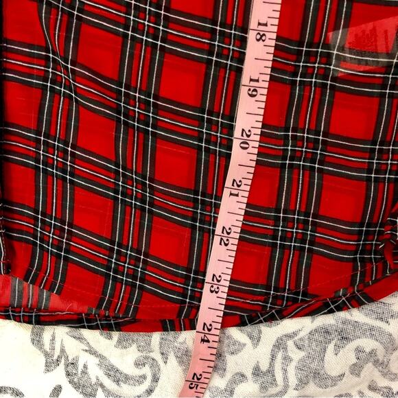 Express Red Black Tartan Plaid Portofino Button Front Blouse Notched V Neck - Picture 7 of 16